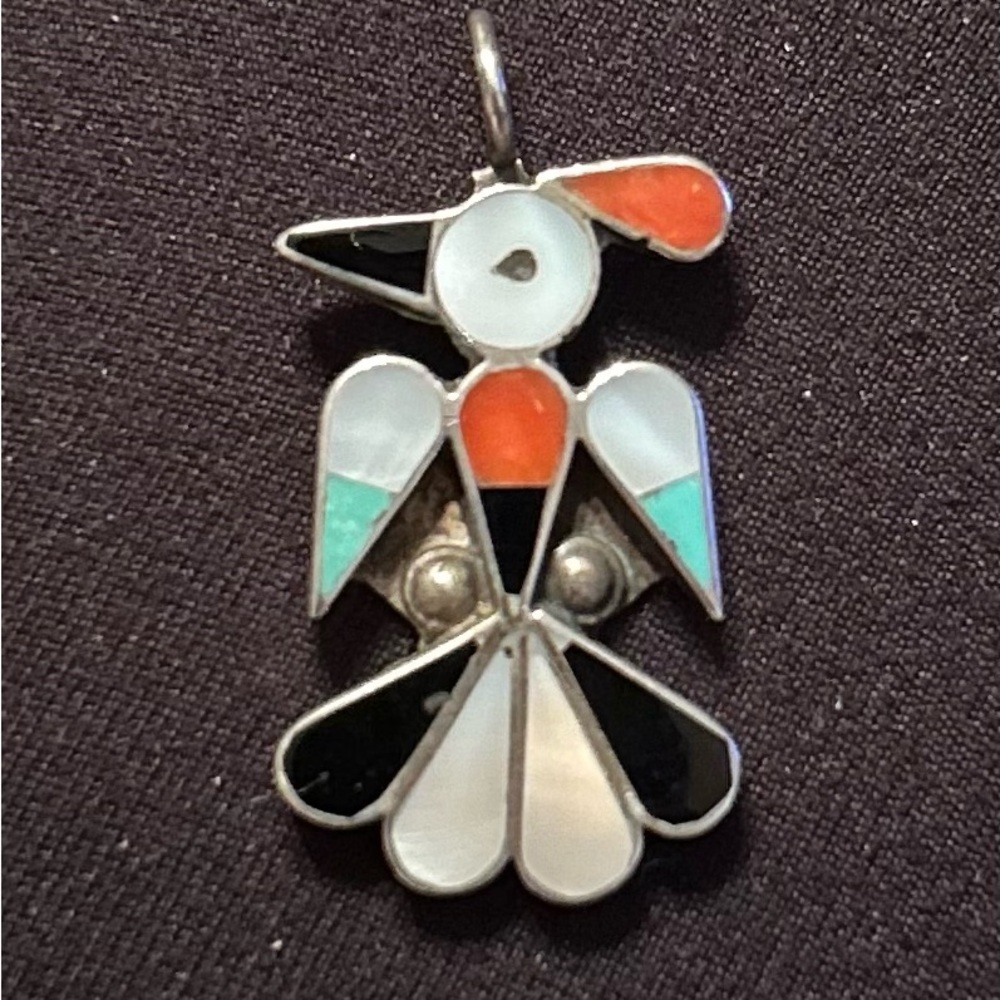 VINTAGE Zuni Thunderbird Pendant- .925, Turquoise, Coral, Onyx, Mother of Pearl